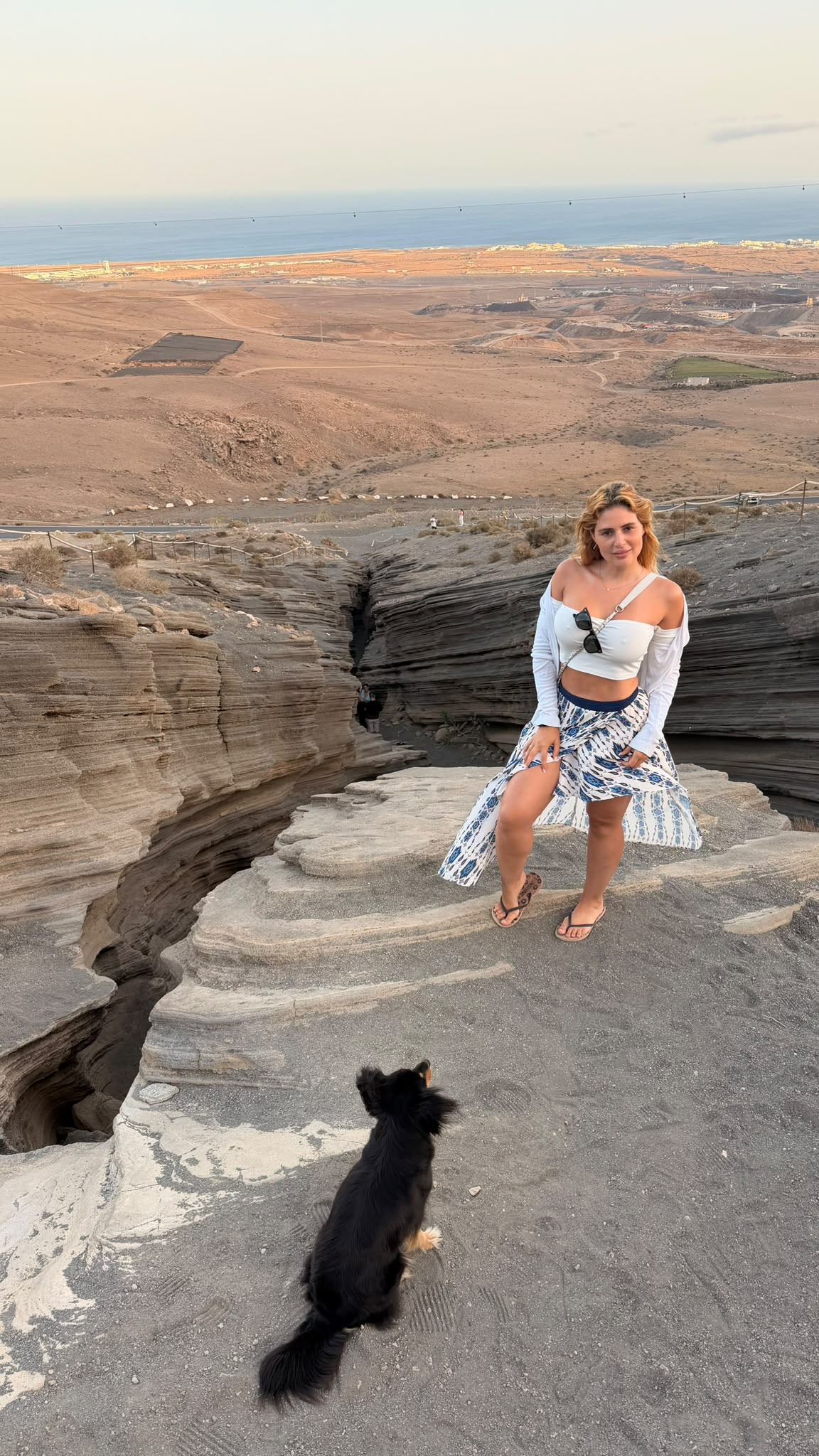 Sobre las capas de roca de Las Grietas con el perrito y el paisaje árido al fondo